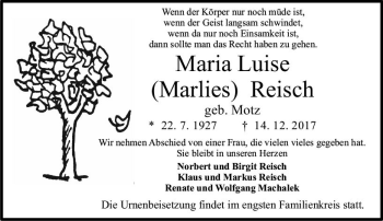 Traueranzeige von Marie Luise Reisch von Trauerportal Rhein Main Presse