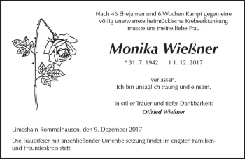 Traueranzeige von Monika Wießner von  Kreisanzeiger