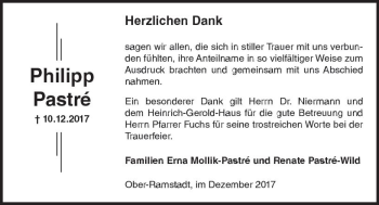 Traueranzeige von Philipp Pastré von Trauerportal Echo Online