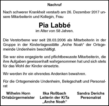 Traueranzeige von Pia Labbe von Trauerportal Rhein Main Presse