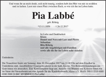 Traueranzeige von Pia Labbe von Trauerportal Rhein Main Presse