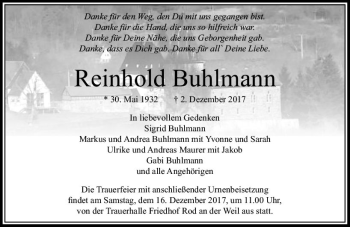 Traueranzeige von Reinhold Buhlmann von  Usinger Anzeiger