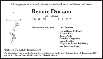 Traueranzeige von Renate Dörsam von Trauerportal Rhein Main Presse