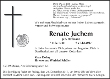 Traueranzeige von Renate Juchem von Trauerportal Rhein Main Presse