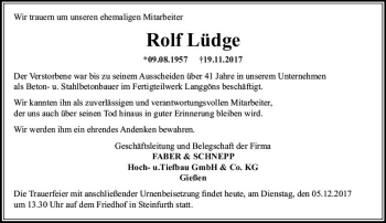 Traueranzeige von Rolf Lüdge von  Gießener Anzeiger