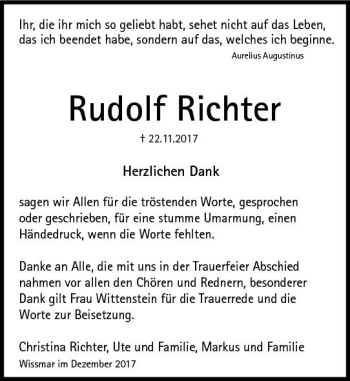 Traueranzeige von Rudolf Richter von  Gießener Anzeiger