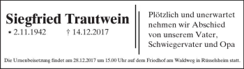 Traueranzeige von Siegfried Trautwein von Trauerportal Rhein Main Presse