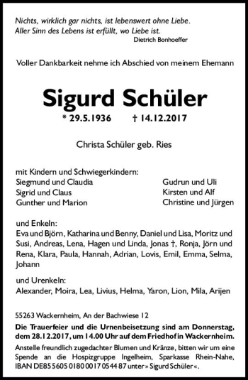 Traueranzeige von Sigurd Schüler von Trauerportal Rhein Main Presse