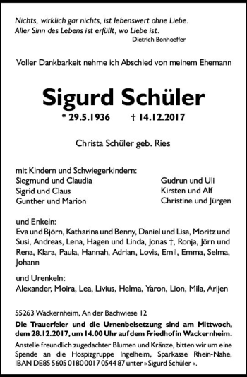 Traueranzeige von Sigurd Schüler von Trauerportal Rhein Main Presse
