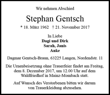 Traueranzeige von Stephan Gentsch von Trauerportal Rhein Main Presse