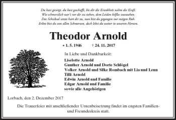 Traueranzeige von Theodor Arnold von  Kreisanzeiger