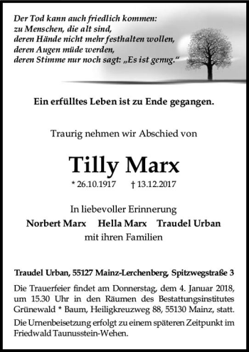 Traueranzeige von Tilly Marx von Trauerportal Rhein Main Presse