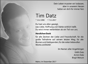 Traueranzeige von Tim Datz von Trauerportal Rhein Main Presse