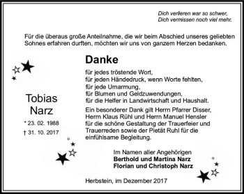 Traueranzeige von Tobias Narz von VRM Trauer Traueranzeige von Tobias Narz von VRM Trauer