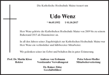 Traueranzeige von Udo Wenz von Trauerportal Rhein Main Presse
