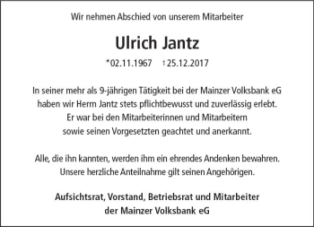 Traueranzeige von Ulrich Jantz von Trauerportal Rhein Main Presse