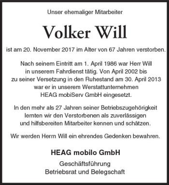 Traueranzeige von Volker Will von Trauerportal Echo Online