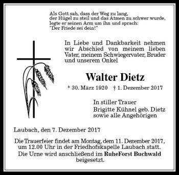 Traueranzeige von Walter Dietz von  Gießener Anzeiger