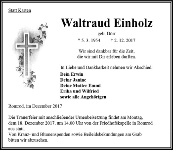 Traueranzeige von Waltraud Einholz von VRM Trauer