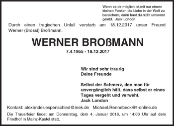 Traueranzeige von Werner Broßmann von Trauerportal Rhein Main Presse