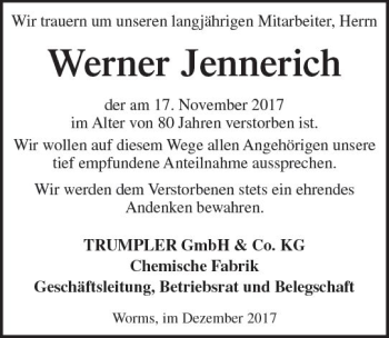 Traueranzeige von Werner Jennerich von Trauerportal Rhein Main Presse