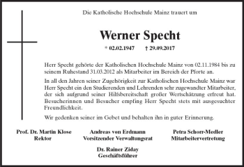 Traueranzeige von Werner Specht von Trauerportal Rhein Main Presse