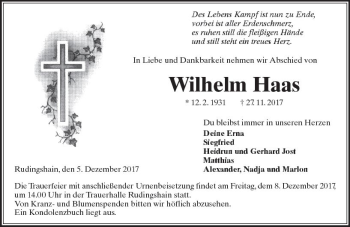 Traueranzeige von Wilhelm Haas von  Kreisanzeiger