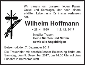 Traueranzeige von Wilhelm Hoffmann von  Kreisanzeiger