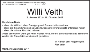 Traueranzeige von Willi Veith von Trauerportal Rhein Main Presse