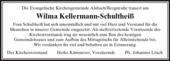 Traueranzeige von Wilma Kellermann-Schultheiß von Trauerportal Echo Online