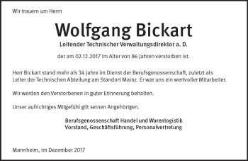 Traueranzeige von Wolfgang Bickart von Trauerportal Rhein Main Presse