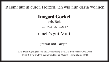 Traueranzeige von Irmgard Göckel von Trauerportal Rhein Main Presse