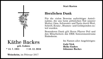 Traueranzeige von Käthe Backes von Trauerportal Rhein Main Presse