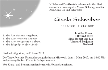 Traueranzeige von Gisela Schreiber von  Gießener Anzeiger