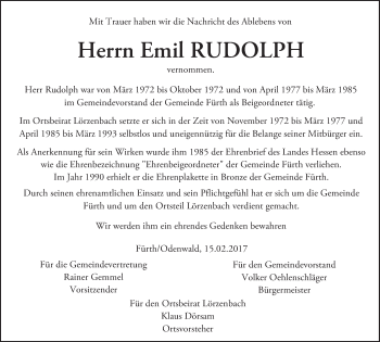 Traueranzeige von Emil Rudolph von Trauerportal Echo Online