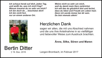 Traueranzeige von Bertin Ditter von Trauerportal Echo Online