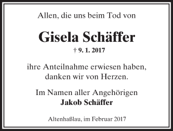 Traueranzeige von Gisela Schäffer von  Gelnhäuser Tageblatt