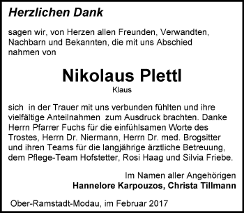 Traueranzeige von Nikolaus Plettl von Trauerportal Echo Online