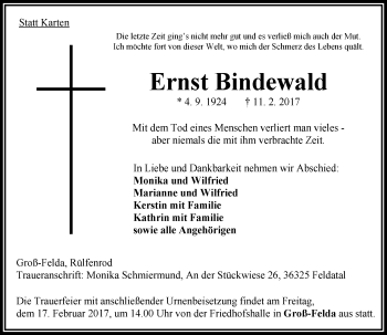 Traueranzeige von Ernst Bindewald von VRM Trauer