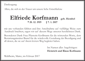 Traueranzeige von Elfriede Korfmann von Trauerportal Rhein Main Presse