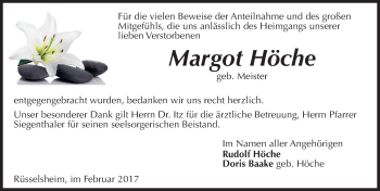 Traueranzeige von Margot Höche von Trauerportal Rhein Main Presse
