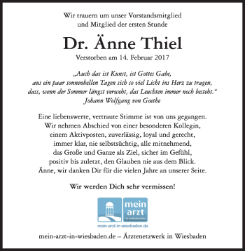 Traueranzeige von Änne Thiel von Trauerportal Rhein Main Presse