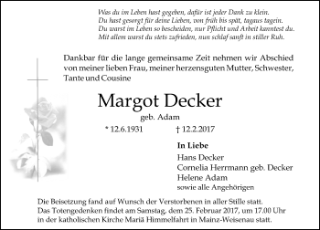 Traueranzeige von Margot Decker von Trauerportal Rhein Main Presse