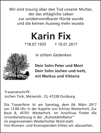 Traueranzeige von Karin Fix von Trauerportal Rhein Main Presse