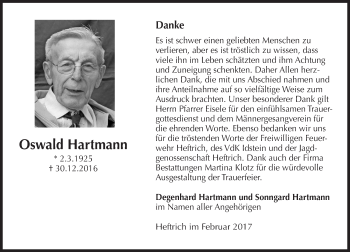 Traueranzeige von Oswald Hartmann von Trauerportal Rhein Main Presse