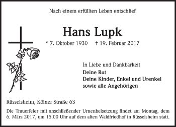 Traueranzeige von Hans Lupk von Trauerportal Rhein Main Presse