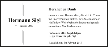 Traueranzeige von Hermann Sigl von Trauerportal Rhein Main Presse