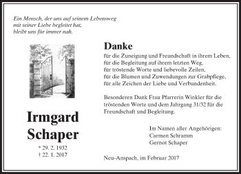 Traueranzeige von Irmgard Schaper von  Usinger Anzeiger