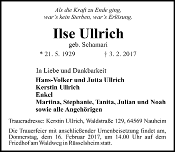 Traueranzeige von Ilse Ullrich von Trauerportal Rhein Main Presse
