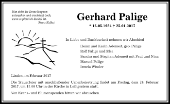 Traueranzeige von Gerhard Palige von  Gießener Anzeiger